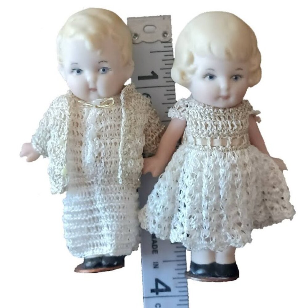 2 Vintage Bisque Jointed Dolls, 3.75", Made in Germany, In Crochet Clothes - Picture 8 of 10